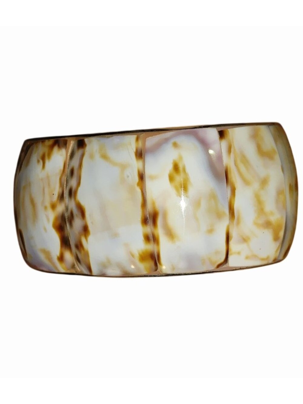 Cuff Bracelet Natural Tiger Cowrie Shell Large Vintage Inlaid Shell Silver Tone